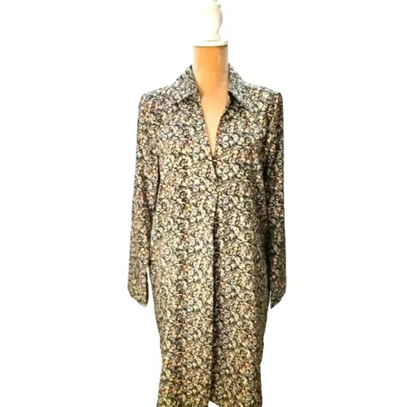Axara Paris Chocolate Brown Teal Floral Print Collared Shirt Dress With Pockets - Picture 1 of 12